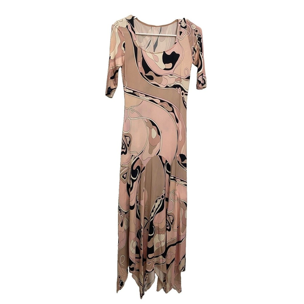 Emilio Pucci Iride Print Maxi Dress Sz XS/S Pink Asymmetric Hem Satin Geometric